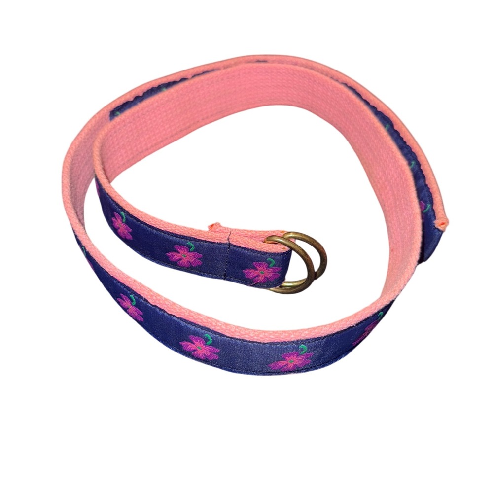 Woven Canvas D-Ring Belt Navy Pink Floral Embroidered Ribbon Preppy Adjustable